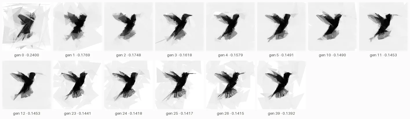 Filmstrip of the best hummingbird canvas per accepted generation with RMSE captions