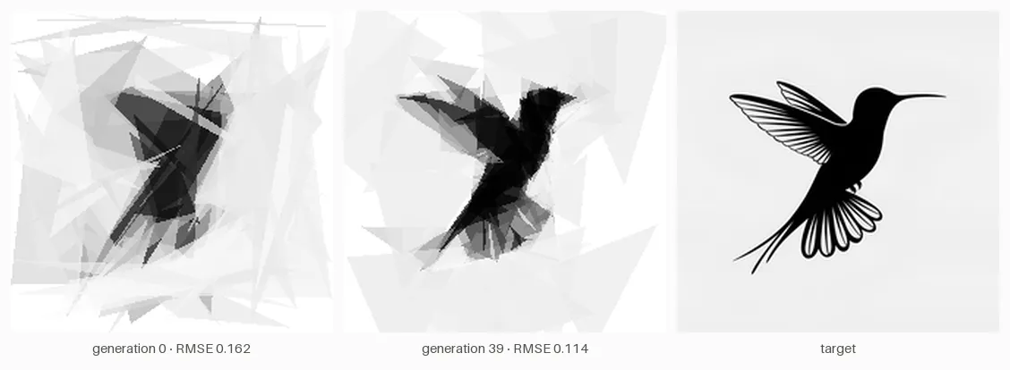Three panels: a chaotic triangle mess from generation 0, a clearly recognisable triangle hummingbird from generation 39, and the target hummingbird silhouette